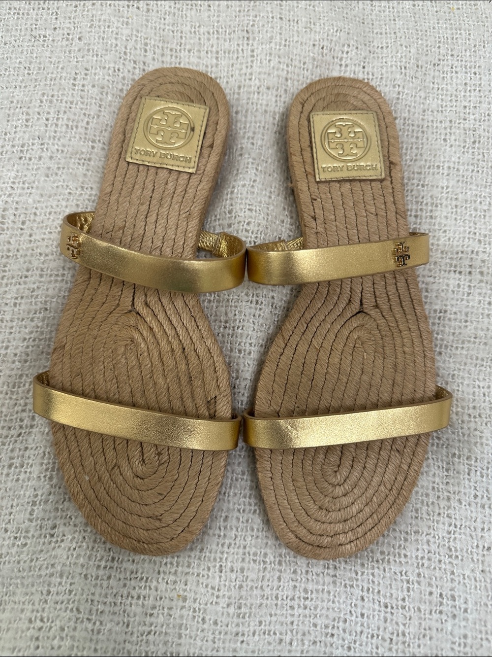 Tory Burch Metallic Gold Double-Strap Rope Footbed Slide Sandals